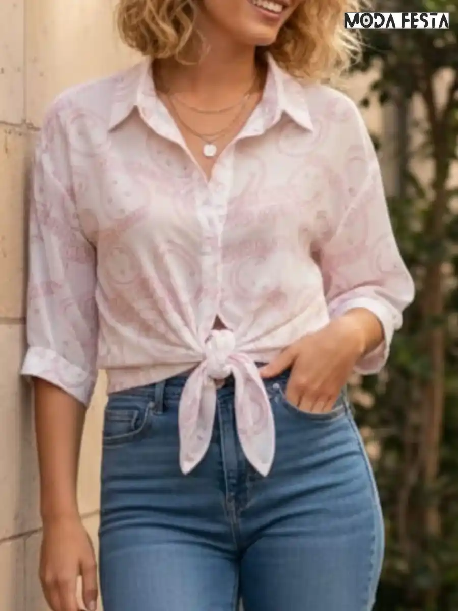 ModaFesta -Smiley Knot-up Shirt-pink